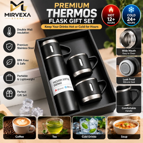 3 In 1 Vacuum Thermal Flask With Cup Set (Random Color)